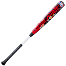 A red and black 2026 DeMarini The Goods Sticker Bomb (-3) BBCOR Baseball Bat (WBD2653010) with a black grip, large DeMarini branding, and colorful graffiti-style sticker bomb designs.
