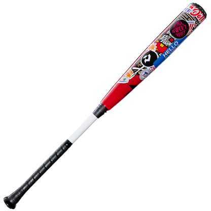 A 2026 DeMarini The Goods Sticker Bomb (-3) BBCOR Baseball Bat (WBD2653010) by DeMarini, featuring a black handle, white grip, and red barrel with colorful sticker designs, displayed on a plain white background.