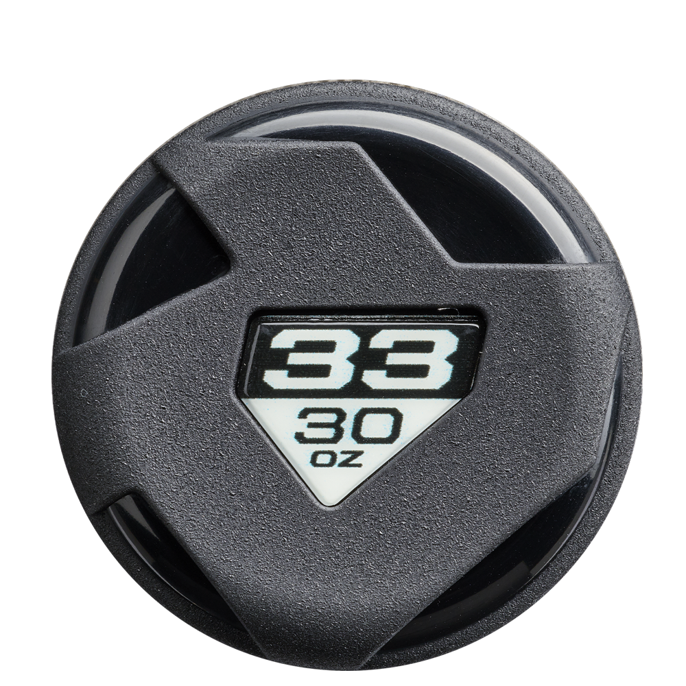 A black circular sticker with a triangular window showing “38” over “30 OZ” in bold on white—ideal for marking your DeMarini The Goods Sticker Bomb (-3) BBCOR Baseball Bat: WBD2653010 by DeMarini.