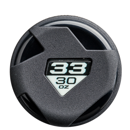 A black circular sticker with a triangular window showing “38” over “30 OZ” in bold on white—ideal for marking your DeMarini The Goods Sticker Bomb (-3) BBCOR Baseball Bat: WBD2653010 by DeMarini.