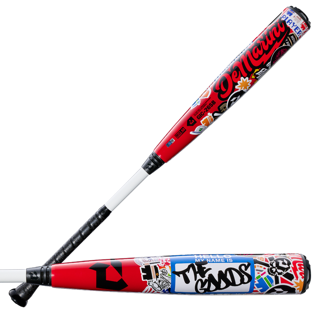 Two DeMarini 2026 The Goods Sticker Bomb (-3) BBCOR Baseball Bats, decorated with bold graphics and a large HELLO My name is THE GOODS label, are arranged side by side on a white background.