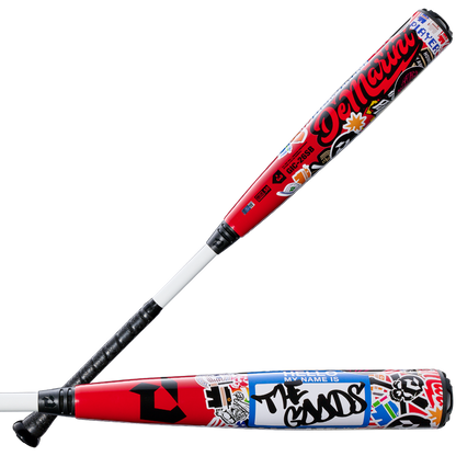 Two DeMarini 2026 The Goods Sticker Bomb (-3) BBCOR Baseball Bats, decorated with bold graphics and a large HELLO My name is THE GOODS label, are arranged side by side on a white background.
