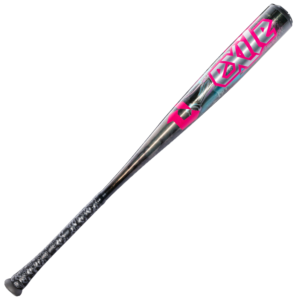 The 2026 DeMarini Exile Cyborg (-3) BBCOR Baseball Bat (WBD2654010) features a metallic X14 Alloy Barrel, dark grip, vibrant pink and white EXILE branding, and a sleek modern design for standout style and performance.