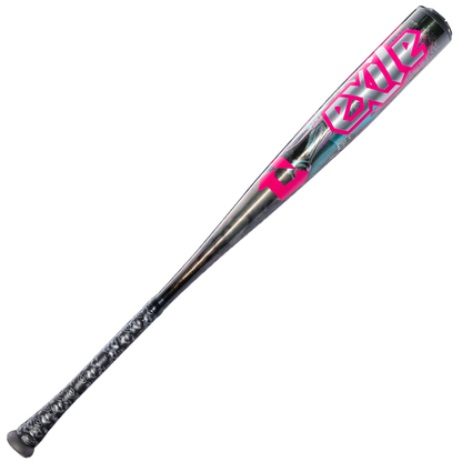 The 2026 DeMarini Exile Cyborg (-3) BBCOR Baseball Bat (WBD2654010) features a metallic X14 Alloy Barrel, dark grip, vibrant pink and white EXILE branding, and a sleek modern design for standout style and performance.