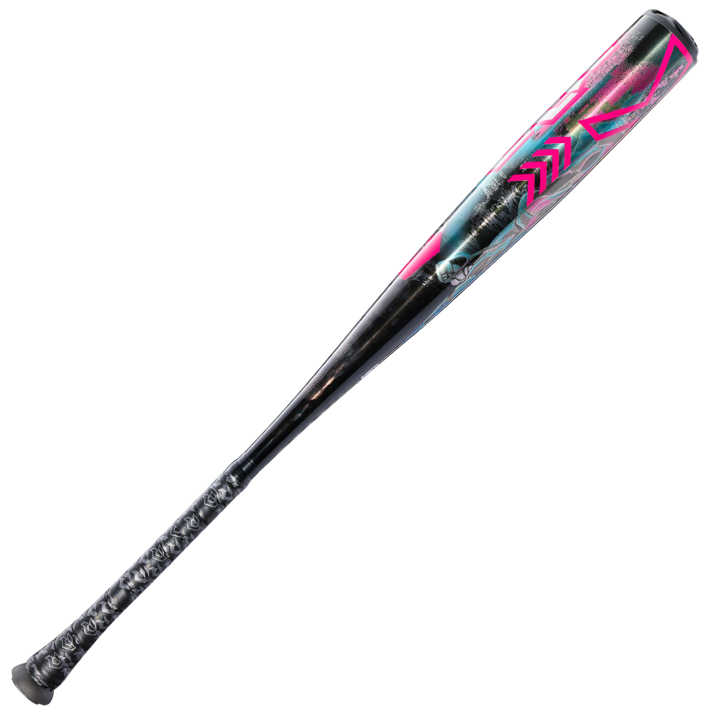 The 2026 DeMarini Exile Cyborg (-3) BBCOR Baseball Bat (WBD2654010) features a black grip and a vibrant X14 Alloy Barrel with pink, blue, and silver accents.