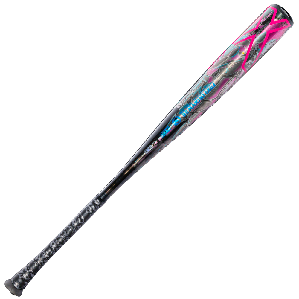 The 2026 DeMarini Exile Cyborg (-3) BBCOR Baseball Bat (WBD2654010) features a black handle, textured grip, and glossy X14 Alloy Barrel with pink, blue, and silver abstract designs for a modern, eye-catching look.
