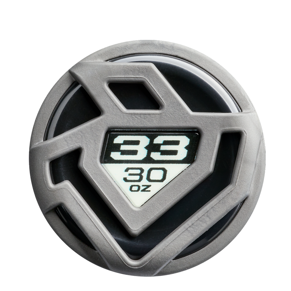 A gray and black bottle lid with a geometric design shows “32 30 oz” in white text on a triangular window at the center, inspired by the precision engineering of the 2026 DeMarini Exile Cyborg (-3) BBCOR Baseball Bat from DeMarini.