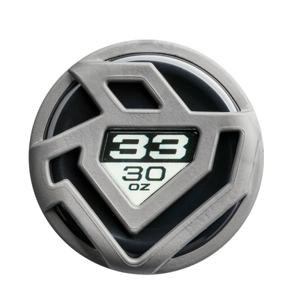 A gray and black bottle lid with a geometric design shows “32 30 oz” in white text on a triangular window at the center, inspired by the precision engineering of the 2026 DeMarini Exile Cyborg (-3) BBCOR Baseball Bat from DeMarini.