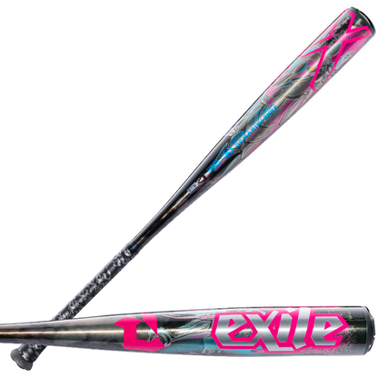 Two metallic baseball bats with vivid pink, blue, and silver designs. One is the 2026 DeMarini Exile Cyborg (-3) BBCOR Baseball Bat (WBD2654010), featuring an X14 Alloy Barrel and bold pink "Exile" lettering; both barrel and handle are visible.