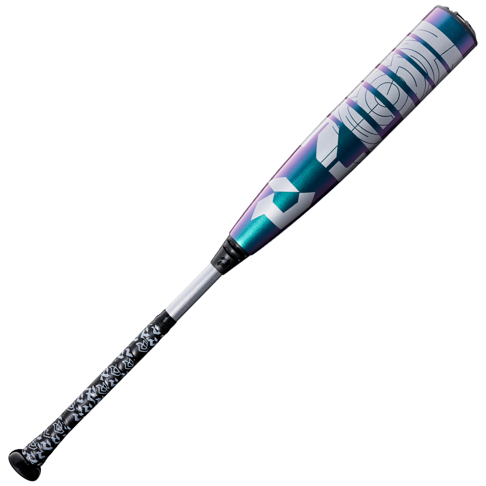 The 2026 DeMarini ZEN Oil Slick (-10) USSSA Baseball Bat features a black and white patterned grip, silver handle, and a shiny blue and purple composite barrel with bold white MOON graphics.
