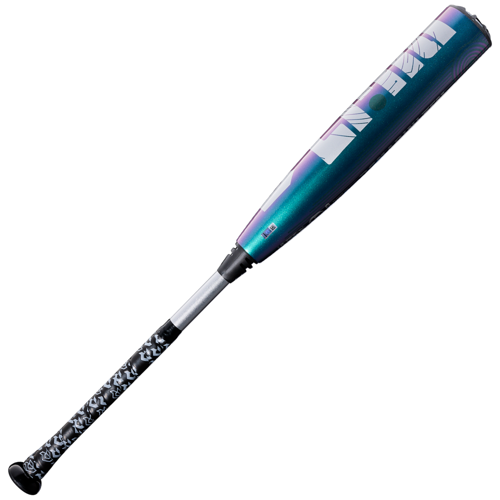 The 2026 DeMarini ZEN Oil Slick (-10) 2 3/4" USSSA Baseball Bat (WBD2655010) features a metallic teal and purple gradient barrel, white geometric designs, and a black and white patterned grip, displayed on a plain white background.