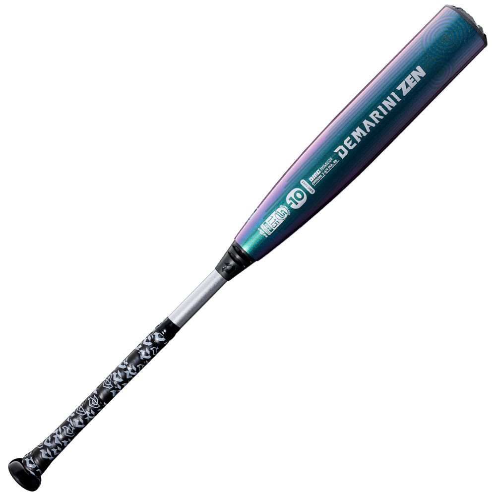 A 2026 DeMarini ZEN Oil Slick (-10) 2 3/4" USSSA Baseball Bat (WBD2655010) features a blue and purple Dark Matter Composite barrel, black and white grip, and silver accents, shown on a white background.