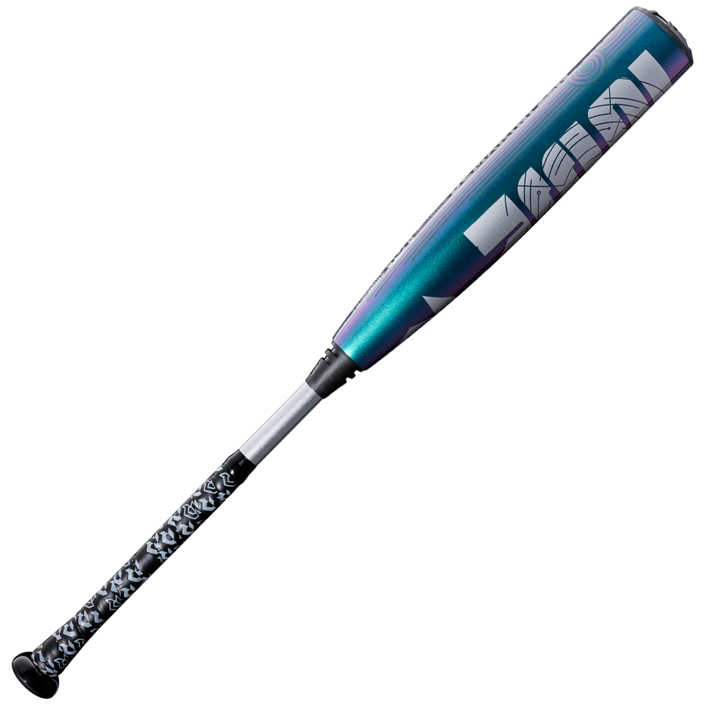 The 2026 DeMarini ZEN Oil Slick (-10) USSSA Baseball Bat features a metallic blue-purple gradient barrel, a black grip with a white and black geometric pattern, and white DeMarini branding near the top.