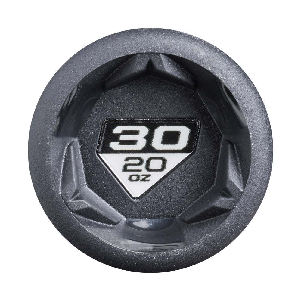 Top view of a black hexagonal lid, echoing the precision of the 2026 DeMarini ZEN Oil Slick (-10) USSSA Baseball Bat, with a center label reading 30 20 oz in white on a black and white background.