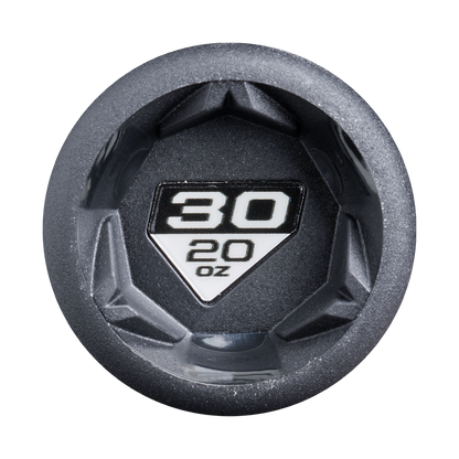 Top view of a black hexagonal lid, echoing the precision of the 2026 DeMarini ZEN Oil Slick (-10) USSSA Baseball Bat, with a center label reading 30 20 oz in white on a black and white background.