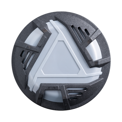 A round, futuristic object inspired by the 2026 DeMarini ZEN Oil Slick (-10) USSSA Baseball Bat, featuring a white triangle center, metallic sheen, and dark gray ring with geometric patterns echoing a two-piece composite bat design.