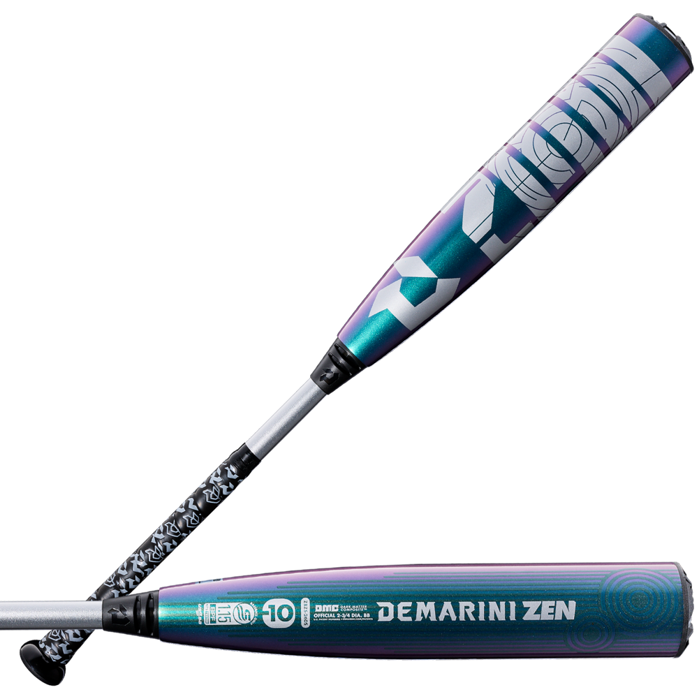 Two metallic DeMarini baseball bats with a purple and teal gradient. One displays "Zoa," while the other features the 2026 DeMarini ZEN Oil Slick (-10) USSSA Baseball Bat name and performance details on its Dark Matter Composite barrel.