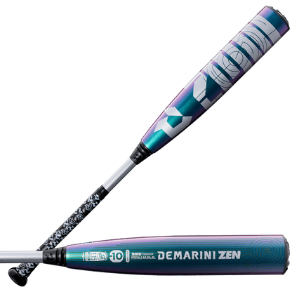 Two metallic DeMarini baseball bats with a purple and teal gradient. One displays "Zoa," while the other features the 2026 DeMarini ZEN Oil Slick (-10) USSSA Baseball Bat name and performance details on its Dark Matter Composite barrel.