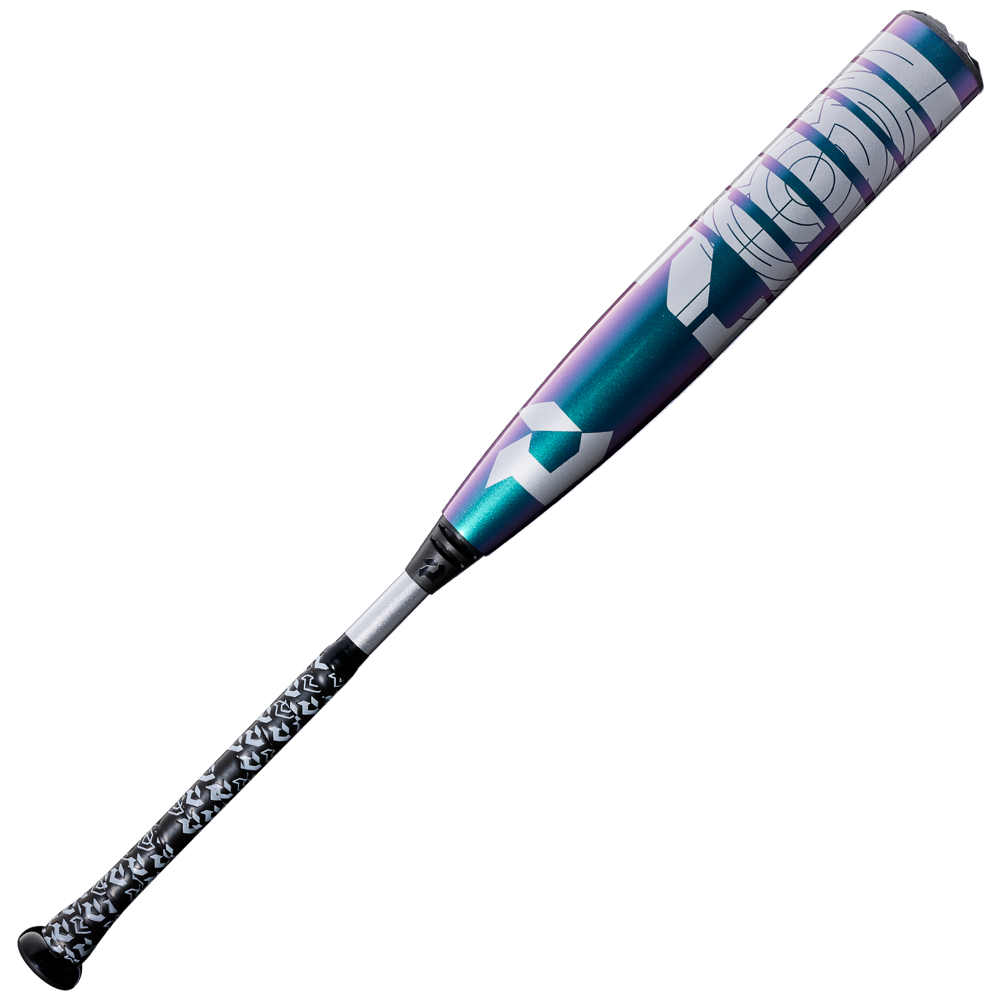 The 2026 DeMarini ZEN Oil Slick (-8) USSSA Baseball Bat features a black-and-white patterned grip, gradient teal-to-purple Dark Matter Composite barrel, and bold white geometric graphics. Model: WBD2656010.