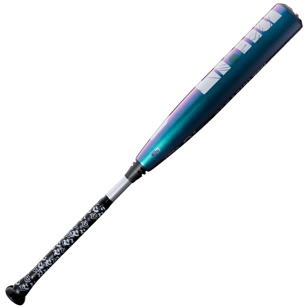 A 2026 DeMarini ZEN Oil Slick (-8) 2 3/4" USSSA Baseball Bat (WBD2656010) in metallic blue and purple with a composite barrel, bold white lettering, and a patterned black-and-white grip is displayed on a plain white background.