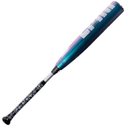 A 2026 DeMarini ZEN Oil Slick (-8) 2 3/4" USSSA Baseball Bat (WBD2656010) in metallic blue and purple with a composite barrel, bold white lettering, and a patterned black-and-white grip is displayed on a plain white background.
