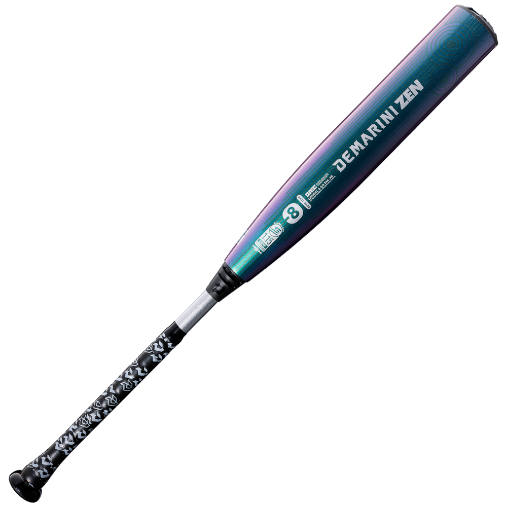The 2026 DeMarini ZEN Oil Slick (-8) USSSA Baseball Bat (WBD2656010) features a metallic blue-green gradient composite barrel, white logos, and a black-and-white patterned handle, shown against a plain white background.