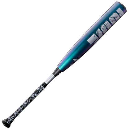 The 2026 DeMarini ZEN Oil Slick (-8) 2 3/4" USSSA Baseball Bat (WBD2656010) features an iridescent blue-purple composite barrel, silver branding, and a black-and-white grip, displayed on a plain white background.