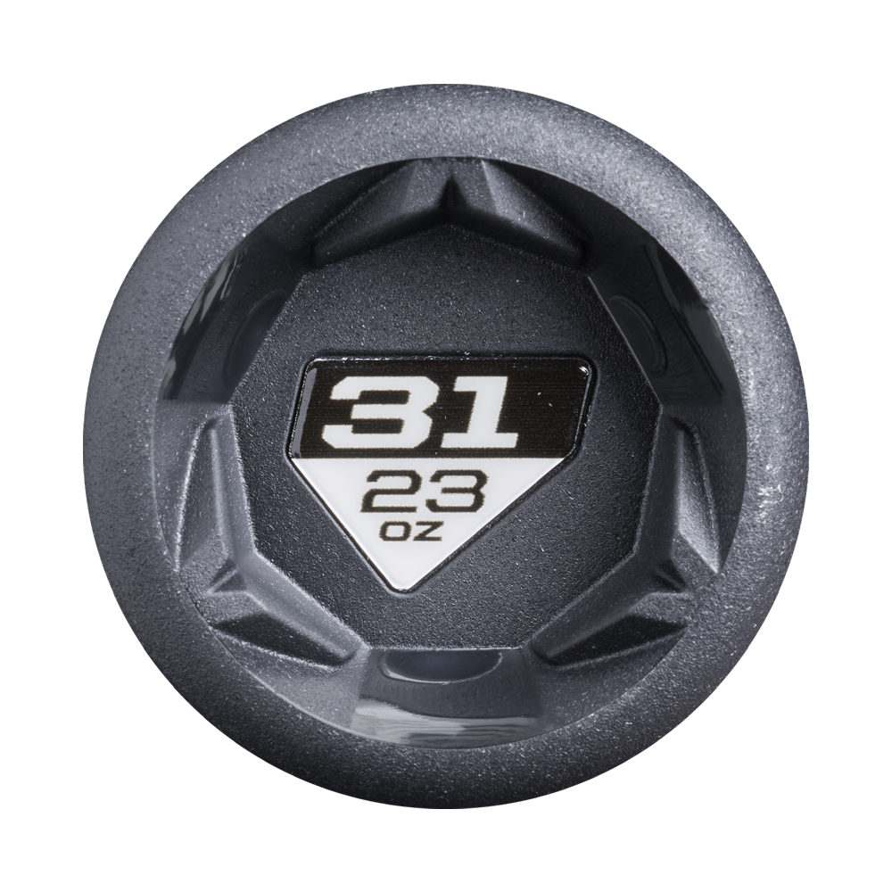 Top view of the 2026 DeMarini ZEN Oil Slick (-8) 2 3/4" USSSA Baseball Bat: WBD2656010, featuring a metallic hexagonal end cap marked "31" over "23 oz" in white text on a black and white background.