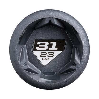 Top view of the 2026 DeMarini ZEN Oil Slick (-8) 2 3/4" USSSA Baseball Bat: WBD2656010, featuring a metallic hexagonal end cap marked "31" over "23 oz" in white text on a black and white background.