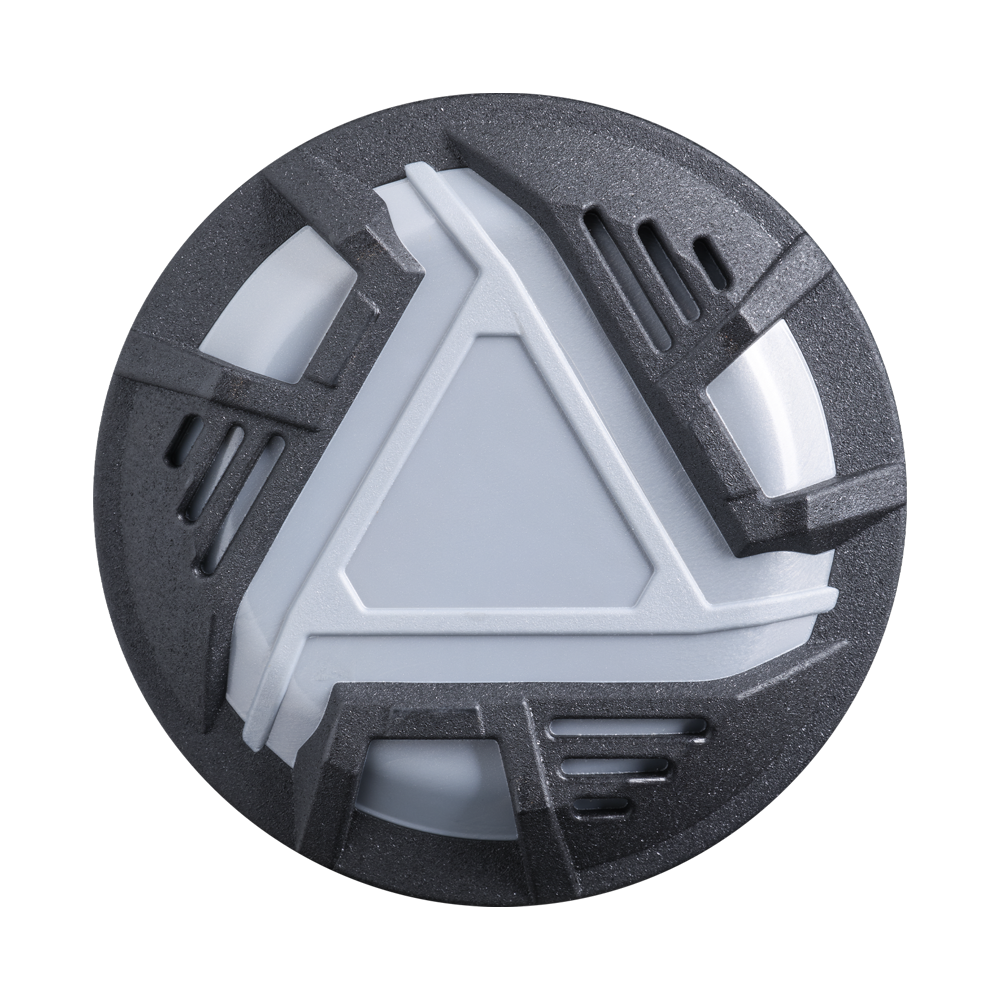 A round, metallic object with a triangular, geometric center inspired by the innovative Dark Matter Composite barrel of the 2026 DeMarini ZEN Oil Slick (-8) USSSA Baseball Bat evokes a futuristic badge with its white and dark gray colors and angular ridges.