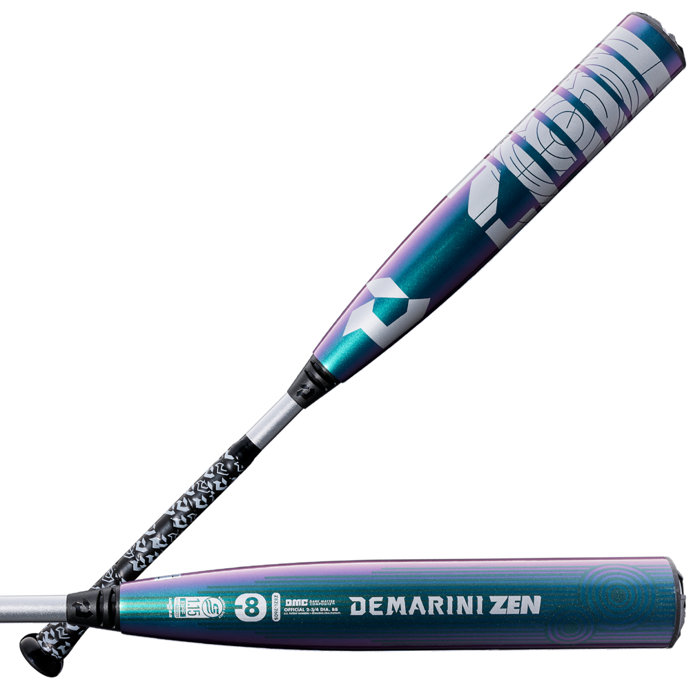 Two DeMarini 2026 ZEN Oil Slick (-8) USSSA Baseball Bats (WBD2656010) with a metallic blue and purple finish, white graphics, black-and-white patterned handles, and a Dark Matter Composite barrel in a two-piece composite design are shown.