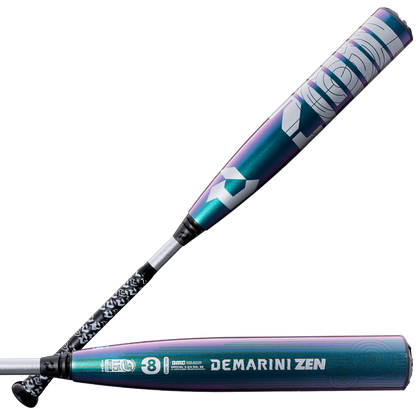 Two DeMarini 2026 ZEN Oil Slick (-8) USSSA Baseball Bats (WBD2656010) with a metallic blue and purple finish, white graphics, black-and-white patterned handles, and a Dark Matter Composite barrel in a two-piece composite design are shown.
