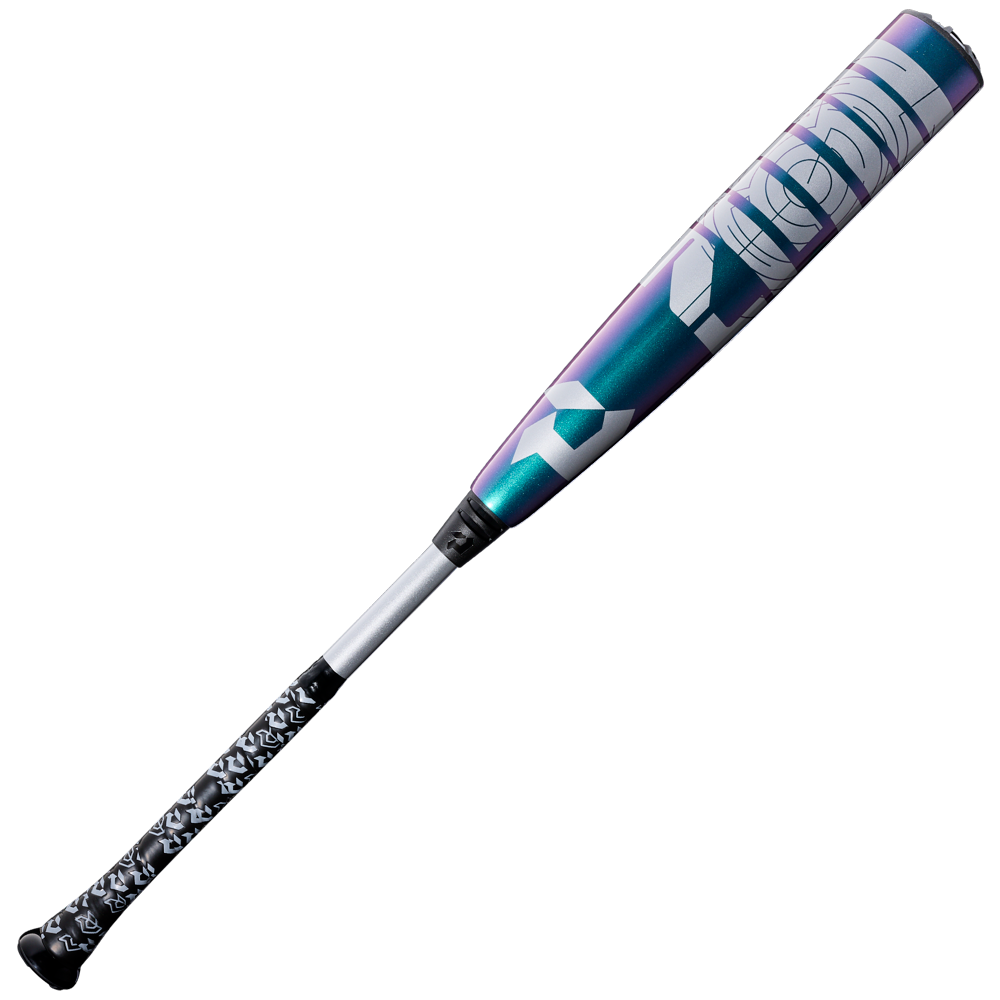 The 2026 DeMarini ZEN Oil Slick (-5) 2 3/4" USSSA Baseball Bat (WBD2657010) features a metallic purple and teal two-piece composite design, bold white barrel graphics, a patterned black-and-white grip, and is pictured on a plain white background.
