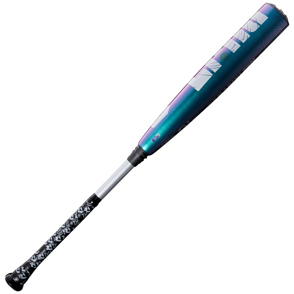 The 2026 DeMarini ZEN Oil Slick (-5) 2 3/4" USSSA Baseball Bat (WBD2657010) by DeMarini features a metallic teal and purple gradient barrel, white lettering, and a black-and-white patterned grip, displayed on a plain white background.