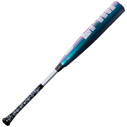 The 2026 DeMarini ZEN Oil Slick (-5) 2 3/4" USSSA Baseball Bat (WBD2657010) by DeMarini features a metallic teal and purple gradient barrel, white lettering, and a black-and-white patterned grip, displayed on a plain white background.