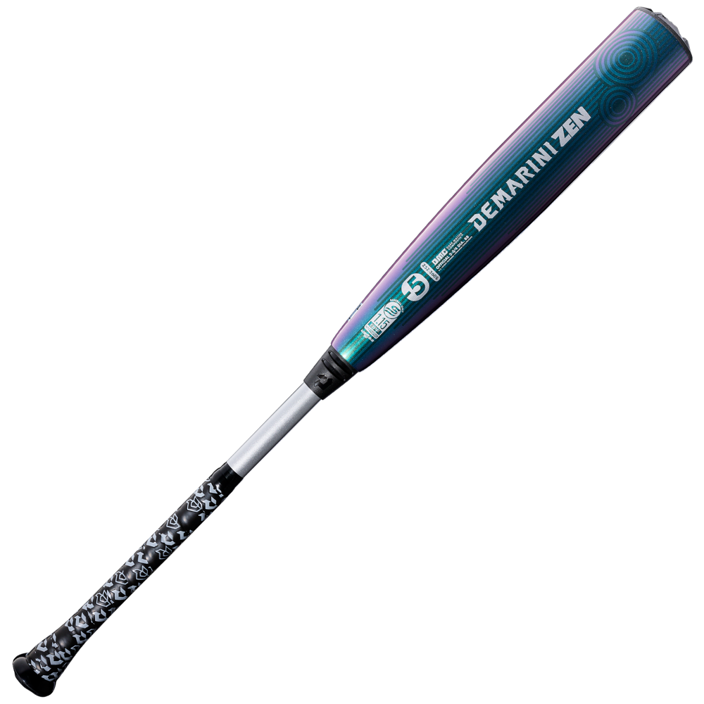 The 2026 DeMarini ZEN Oil Slick (-5) 2 3/4" USSSA Baseball Bat (WBD2657010) by DeMarini has a purple and teal gradient barrel, black handle, white patterned grip, two-piece composite design, and is shown on a plain white background.