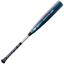 The 2026 DeMarini ZEN Oil Slick (-5) 2 3/4" USSSA Baseball Bat (WBD2657010) by DeMarini has a purple and teal gradient barrel, black handle, white patterned grip, two-piece composite design, and is shown on a plain white background.