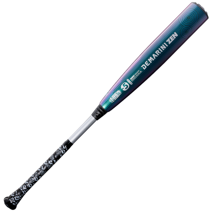 The 2026 DeMarini ZEN Oil Slick (-5) 2 3/4" USSSA Baseball Bat (WBD2657010) by DeMarini has a purple and teal gradient barrel, black handle, white patterned grip, two-piece composite design, and is shown on a plain white background.