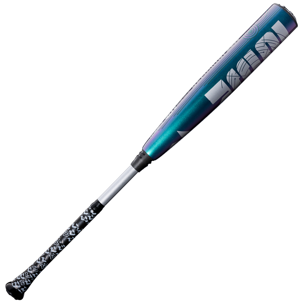 The 2026 DeMarini ZEN Oil Slick (-5) USSSA baseball bat features a blue and purple gradient barrel, white and silver graphics, and a black grip with a white pattern—the perfect blend of style and performance from DeMarini.