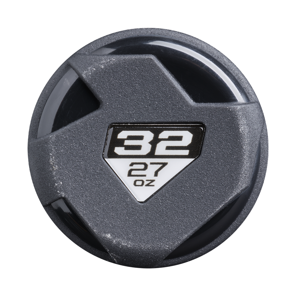 A black and gray rounded bottle cap with a shield-shaped label showing "32" above "27 oz" in white mirrors the sleek style of the 2026 DeMarini ZEN Oil Slick (-5) 2 3/4" USSSA Baseball Bat: WBD2657010 by DeMarini.