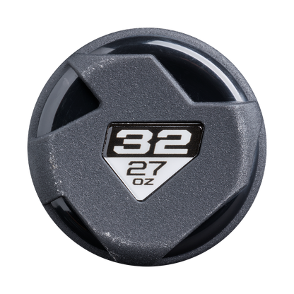 A black and gray rounded bottle cap with a shield-shaped label showing "32" above "27 oz" in white mirrors the sleek style of the 2026 DeMarini ZEN Oil Slick (-5) 2 3/4" USSSA Baseball Bat: WBD2657010 by DeMarini.