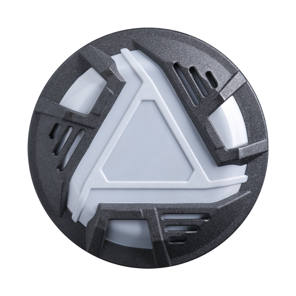 A round, futuristic object inspired by the DeMarini ZEN Oil Slick (-5) 2 3/4" USSSA Baseball Bat (WBD2657010), with a raised white triangle and dark metallic and white two-piece composite-style geometric patterns on a plain white background.