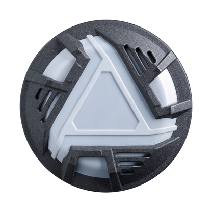 A round, futuristic object inspired by the DeMarini ZEN Oil Slick (-5) 2 3/4" USSSA Baseball Bat (WBD2657010), with a raised white triangle and dark metallic and white two-piece composite-style geometric patterns on a plain white background.