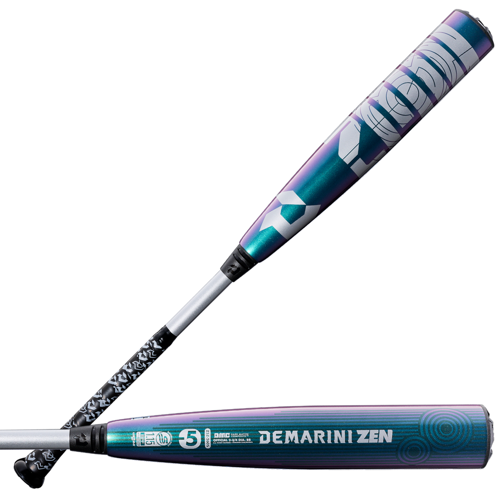 Two metallic DeMarini USSSA baseball bats with a purple, blue, and teal gradient. One features bold white geometric patterns; the other shows "2026 DeMarini ZEN Oil Slick" branding and a spiral graphic on its two-piece composite handle.