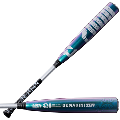 Two metallic DeMarini USSSA baseball bats with a purple, blue, and teal gradient. One features bold white geometric patterns; the other shows "2026 DeMarini ZEN Oil Slick" branding and a spiral graphic on its two-piece composite handle.