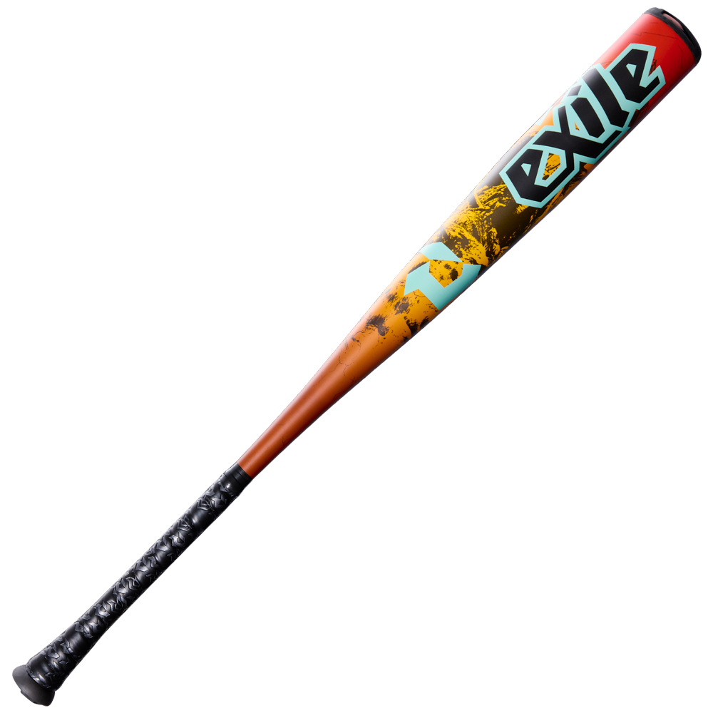 The 2026 DeMarini Exile Rogue (-3) BBCOR Baseball Bat (WBD2660010) features a black grip, an orange and yellow gradient X14 Alloy Barrel, and bold teal "exile" lettering near the red-tipped barrel, shown on a plain white background.
