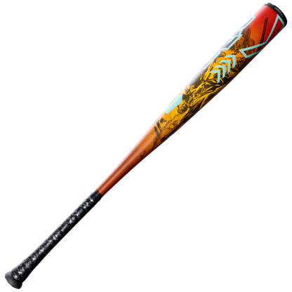 The 2026 DeMarini Exile Rogue (-3) BBCOR Baseball Bat (WBD2660010) features a black grip and a vibrant X14 Alloy Barrel with orange, yellow, and blue graphics, displayed on a plain white background.