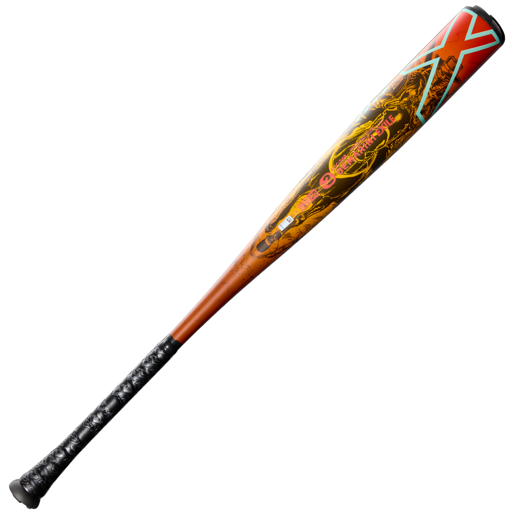 The 2026 DeMarini Exile Rogue (-3) BBCOR Baseball Bat (WBD2660010) features a metallic look, black grip, orange and brown X14 Alloy Barrel, and colorful graphics with a dragon and bold red X near the barrel.