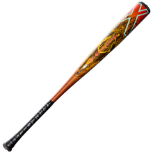 The 2026 DeMarini Exile Rogue (-3) BBCOR Baseball Bat (WBD2660010) features a metallic look, black grip, orange and brown X14 Alloy Barrel, and colorful graphics with a dragon and bold red X near the barrel.