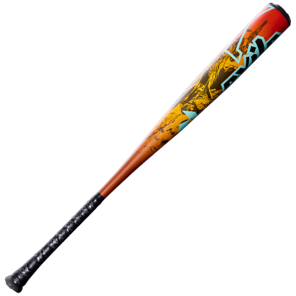 A 2026 DeMarini Exile Rogue (-3) BBCOR Baseball Bat (WBD2660010) featuring a black handle and bold red, orange, yellow, and teal graphics on its X14 Alloy Barrel, shown on a white background.